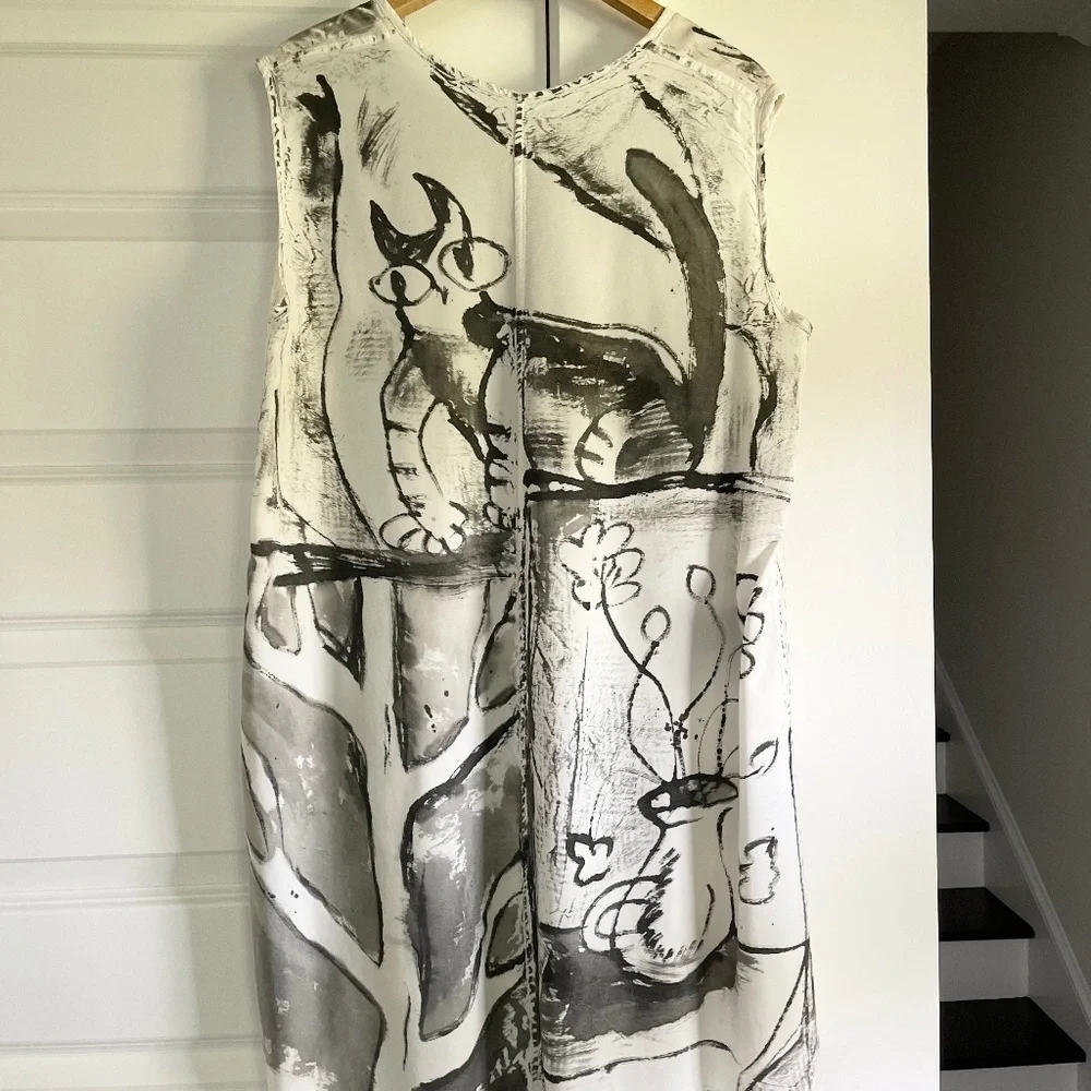 Skifo Handpainted Cat Hi-Lo Tunic Dress, Unique Feline Graphic ~ OS - Picture 2 of 10